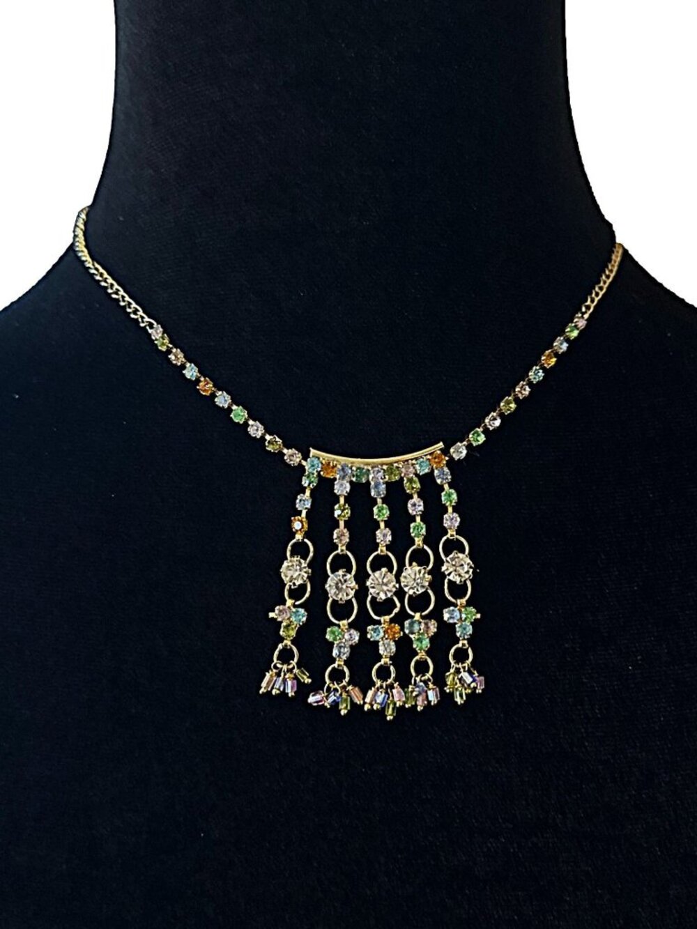 Chandelier Choker Necklace Crystal Fringe Gold Tone Chain Gold Tone